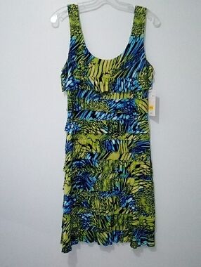 Tango Mango Green and Blue Patterned Sleeveless Ruffle Dress